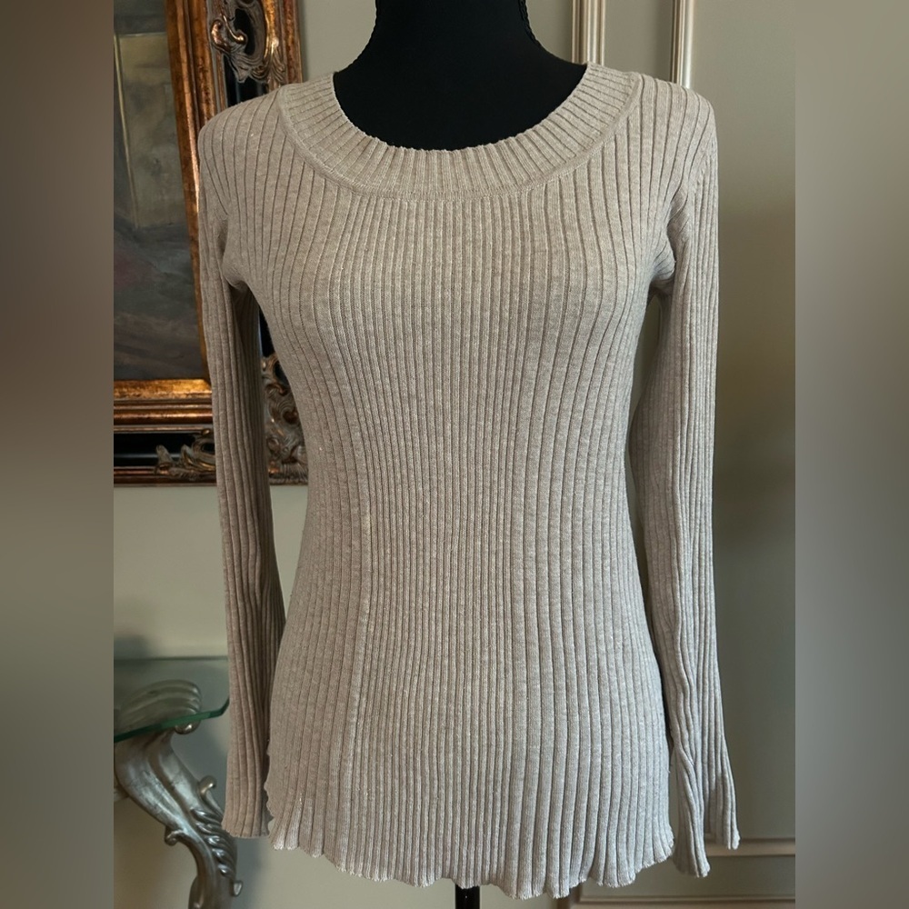 XXI Beige Ribbed Sweater Fitted Long Sleeve Crewneck Stretch Top Small Medium